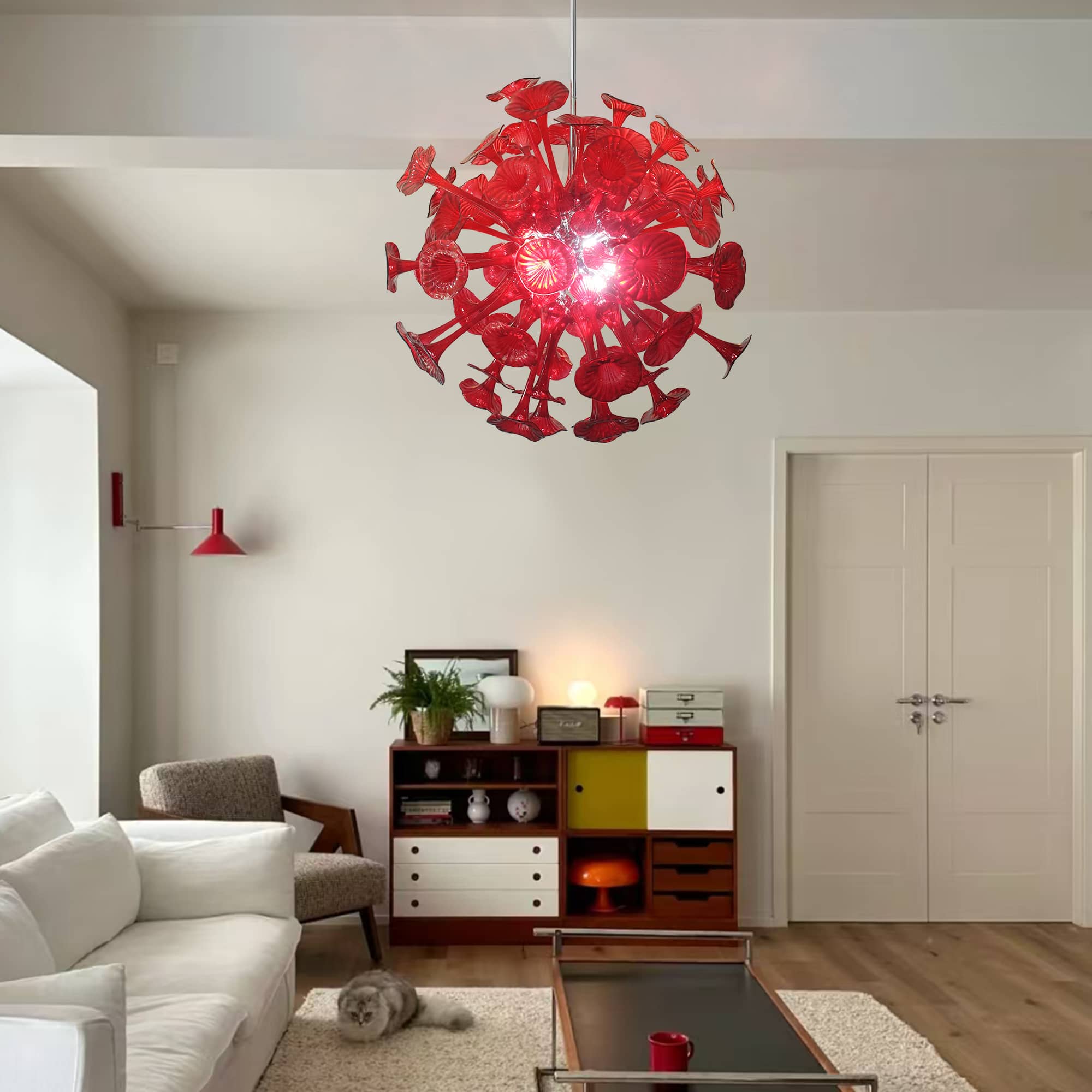 Ruby Red Horn Flower Hand-Blown Glass Chandelier - 34" Artistic Sputnik Starburst - BeyPan