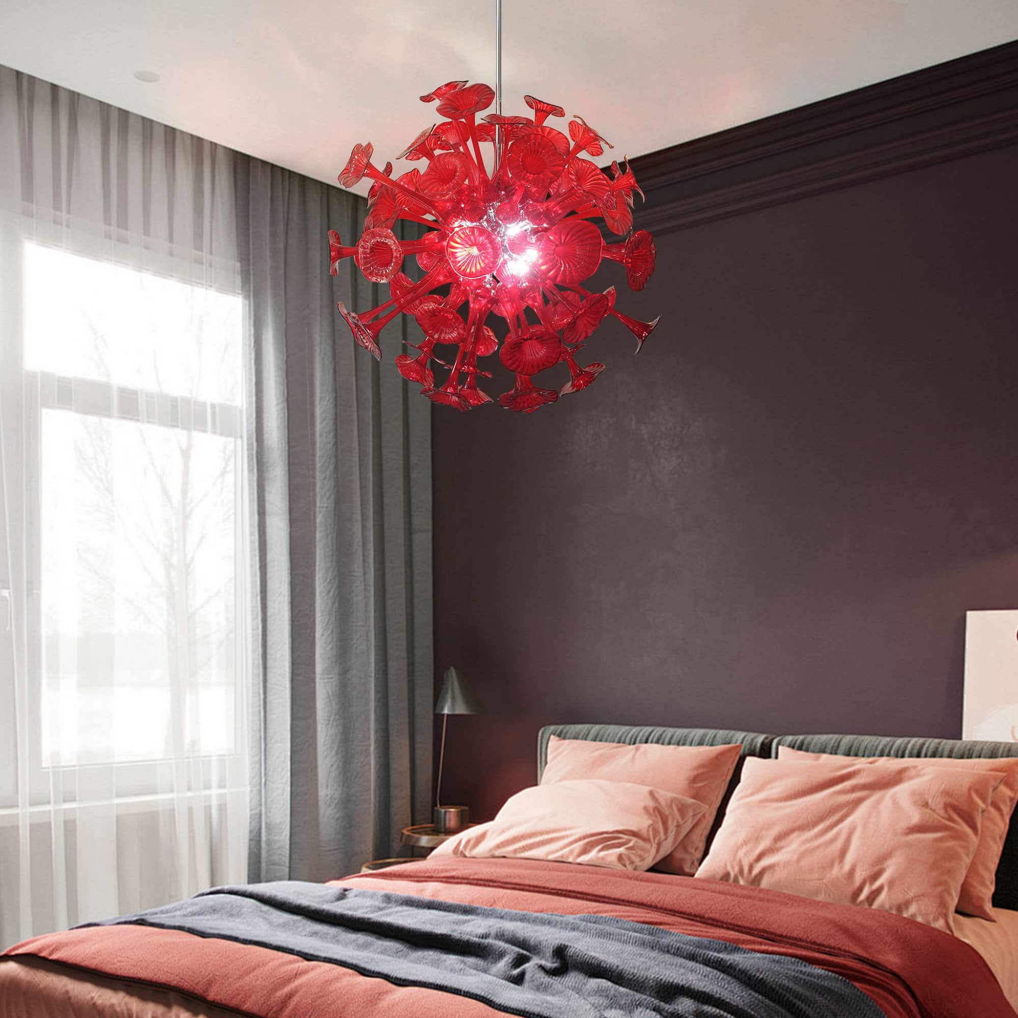 Ruby Red Horn Flower Hand-Blown Glass Chandelier - 34" Artistic Sputnik Starburst - BeyPan