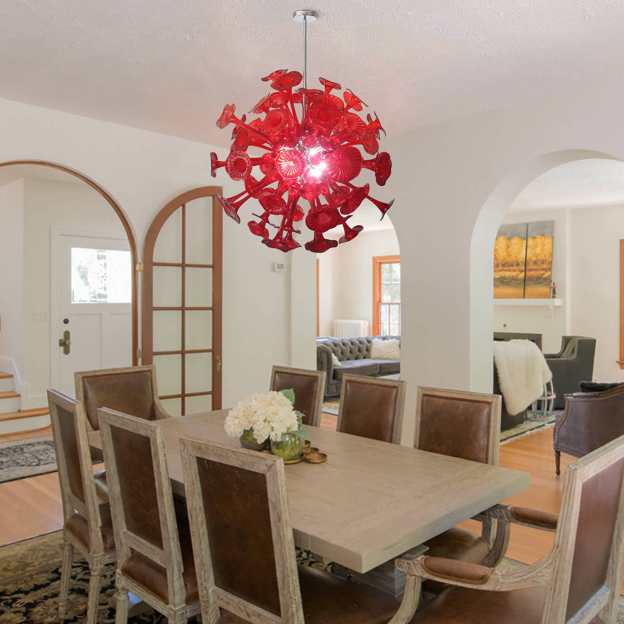 Ruby Red Horn Flower Hand-Blown Glass Chandelier - 34" Artistic Sputnik Starburst Zweitbild