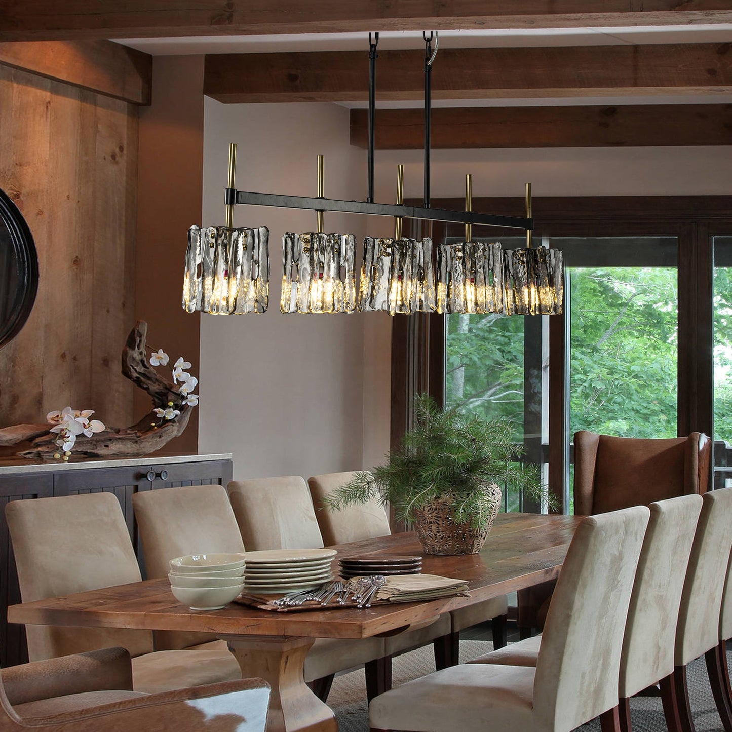 Warm Contemporary Dining Room Glass Linear Pendant