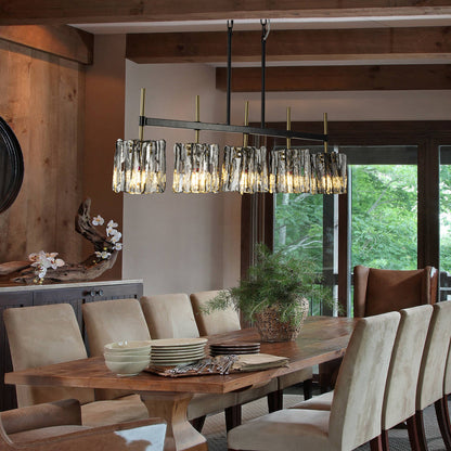 Warm Contemporary Dining Room Glass Linear Pendant