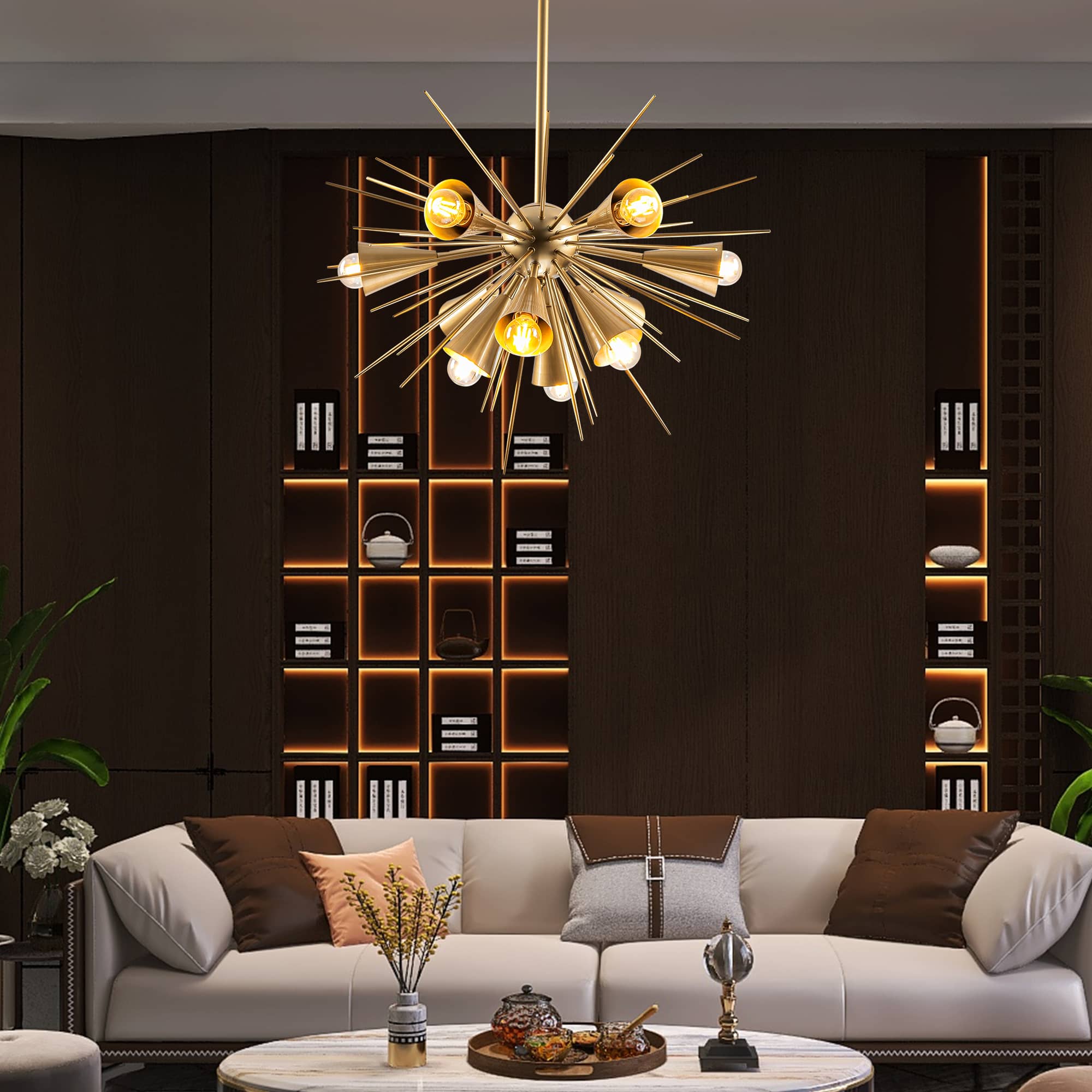 Scandinavian Modernism Radial Sea Urchin Shape Brass 10-Light Chandelier - BeyPan