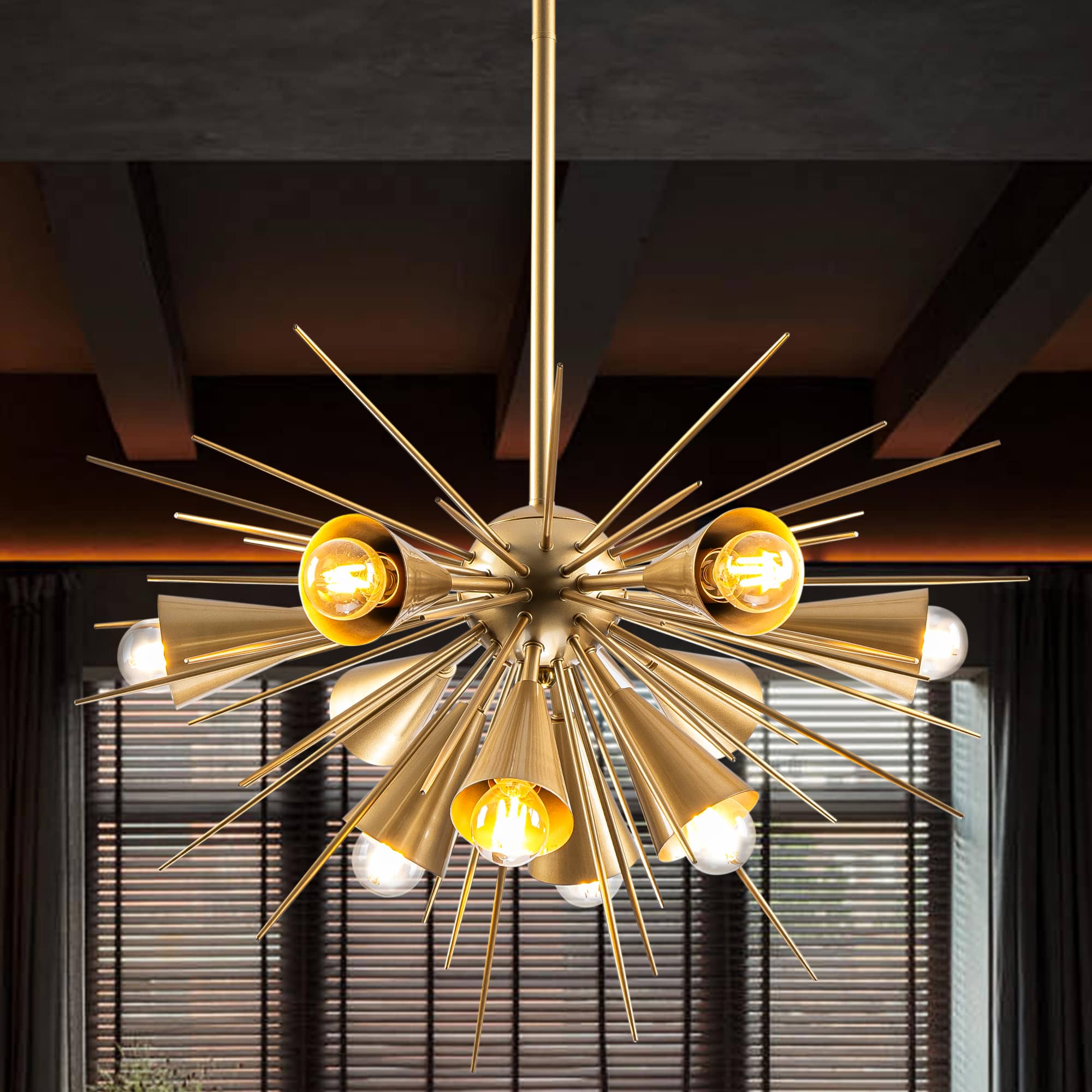 Scandinavian Modernism Radial Sea Urchin Shape Brass 10-Light Chandelier - BeyPan