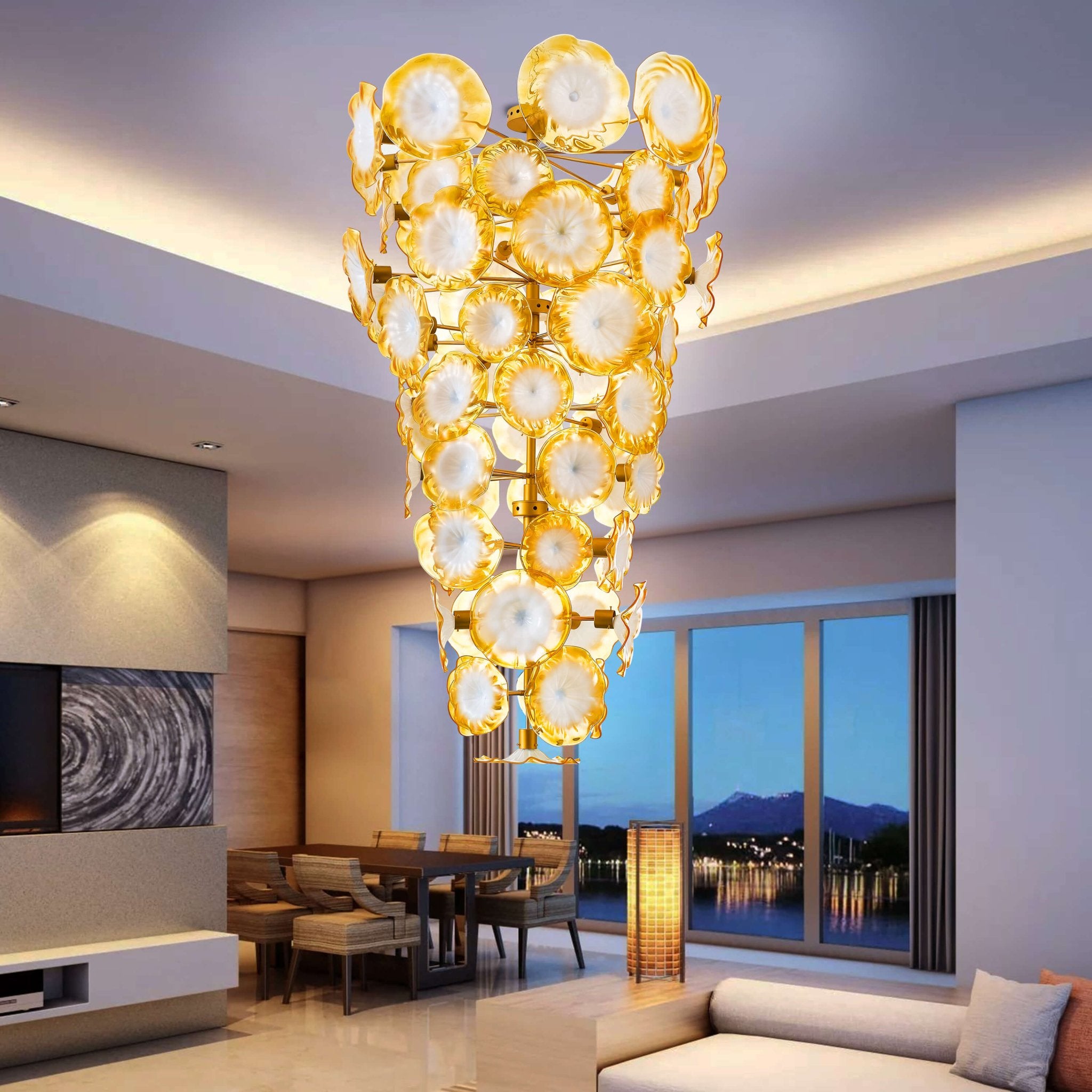 Seashells Designed Glass Plates Chandelier Golden And White - BeyPan