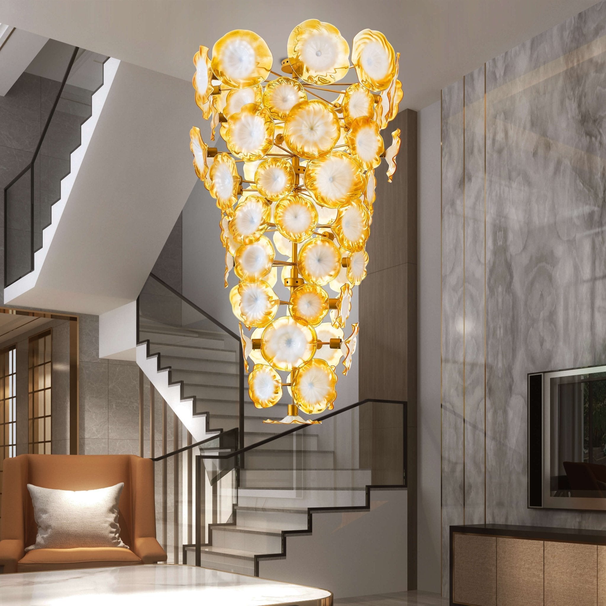 Seashells Designed Glass Plates Chandelier Luxury Golden and Opaque White - BeyPan
