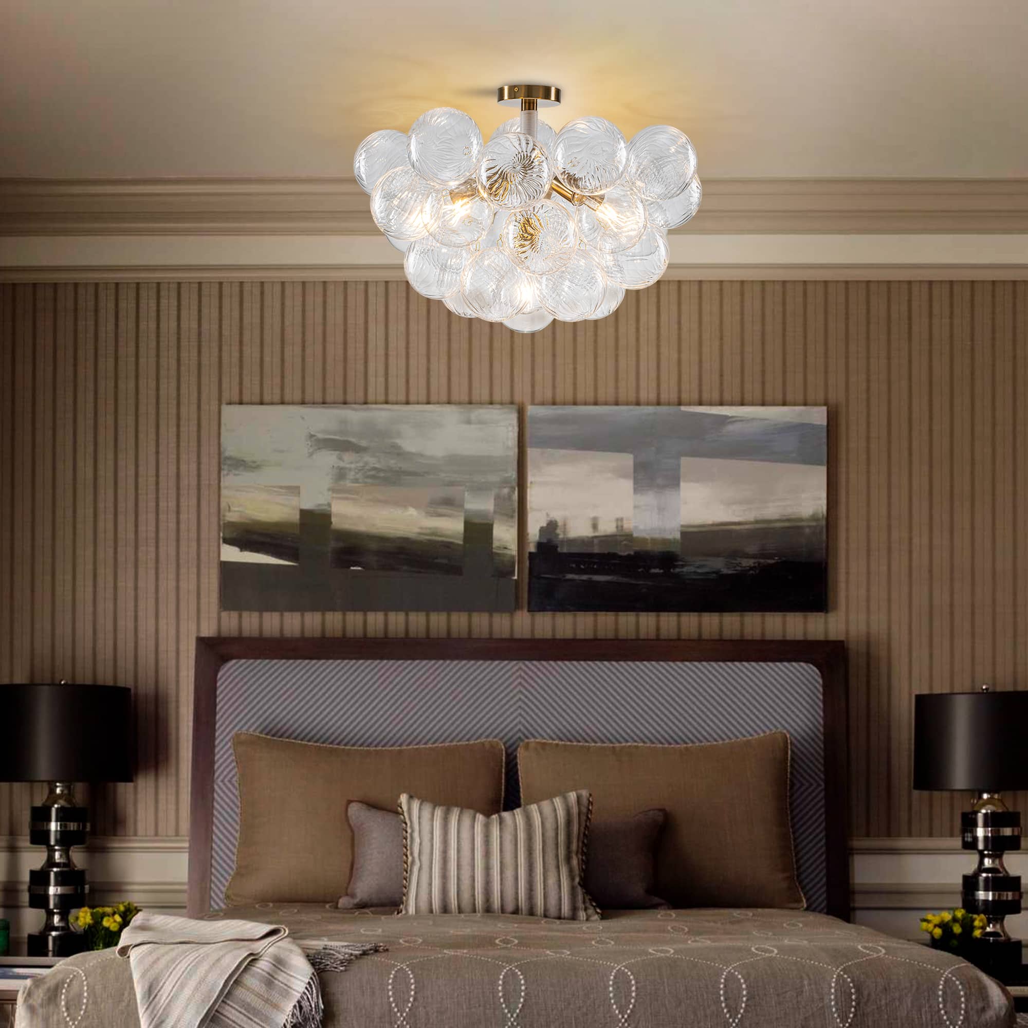 Semi-Flush Bubbles Chandelier Clear Ribbed Texture Glass Balls - BeyPan