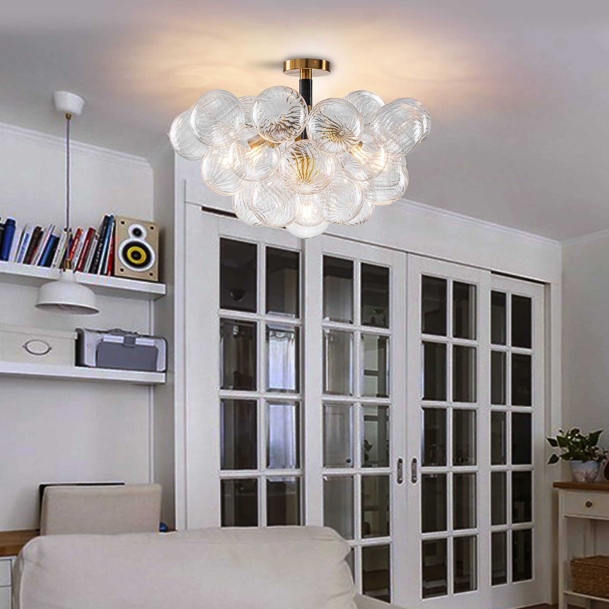 Semi-Flush Bubbles Chandelier Clear Ribbed Texture Glass Balls - BeyPan