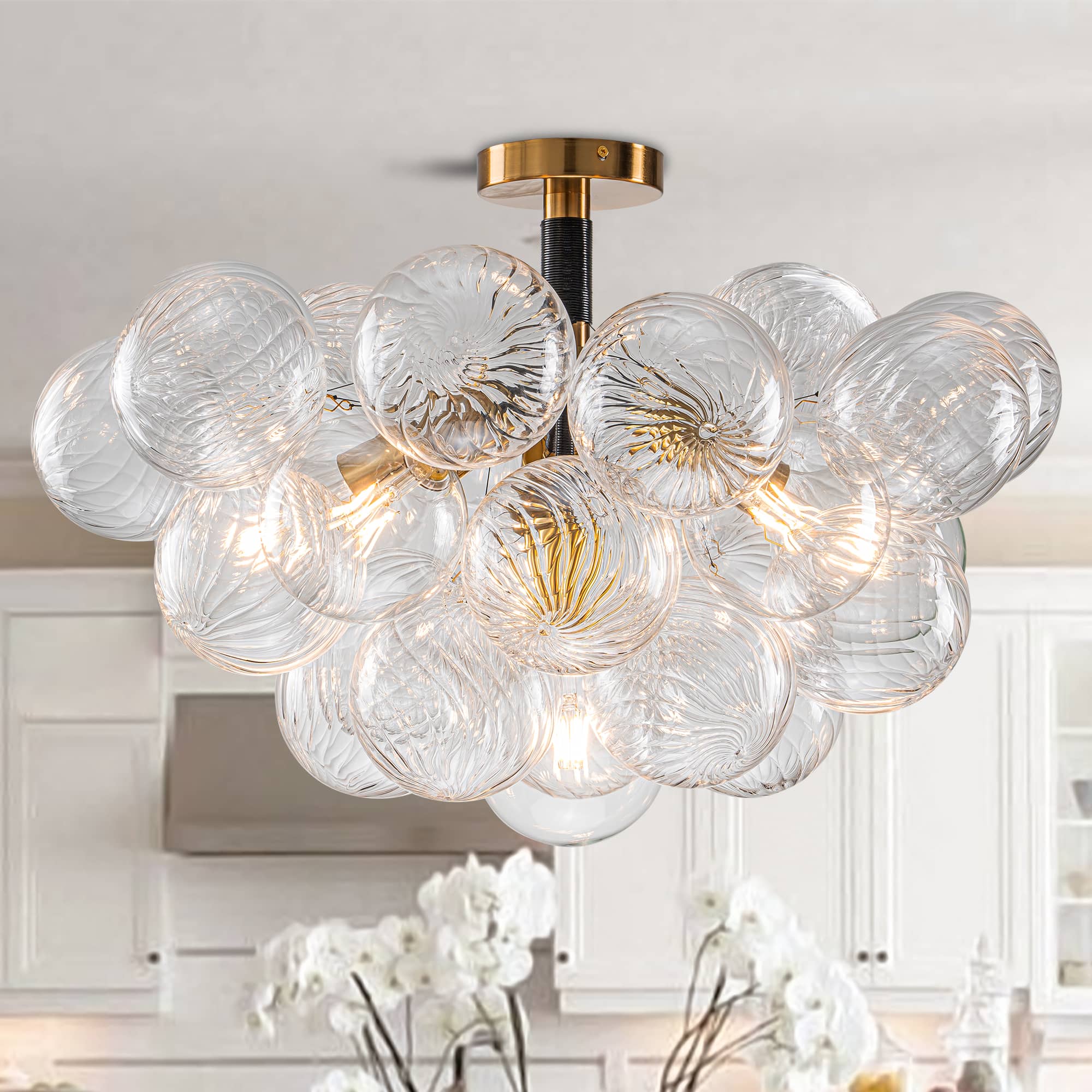 Semi-Flush Bubbles Chandelier Clear Ribbed Texture Glass Balls - BeyPan Hauptbild