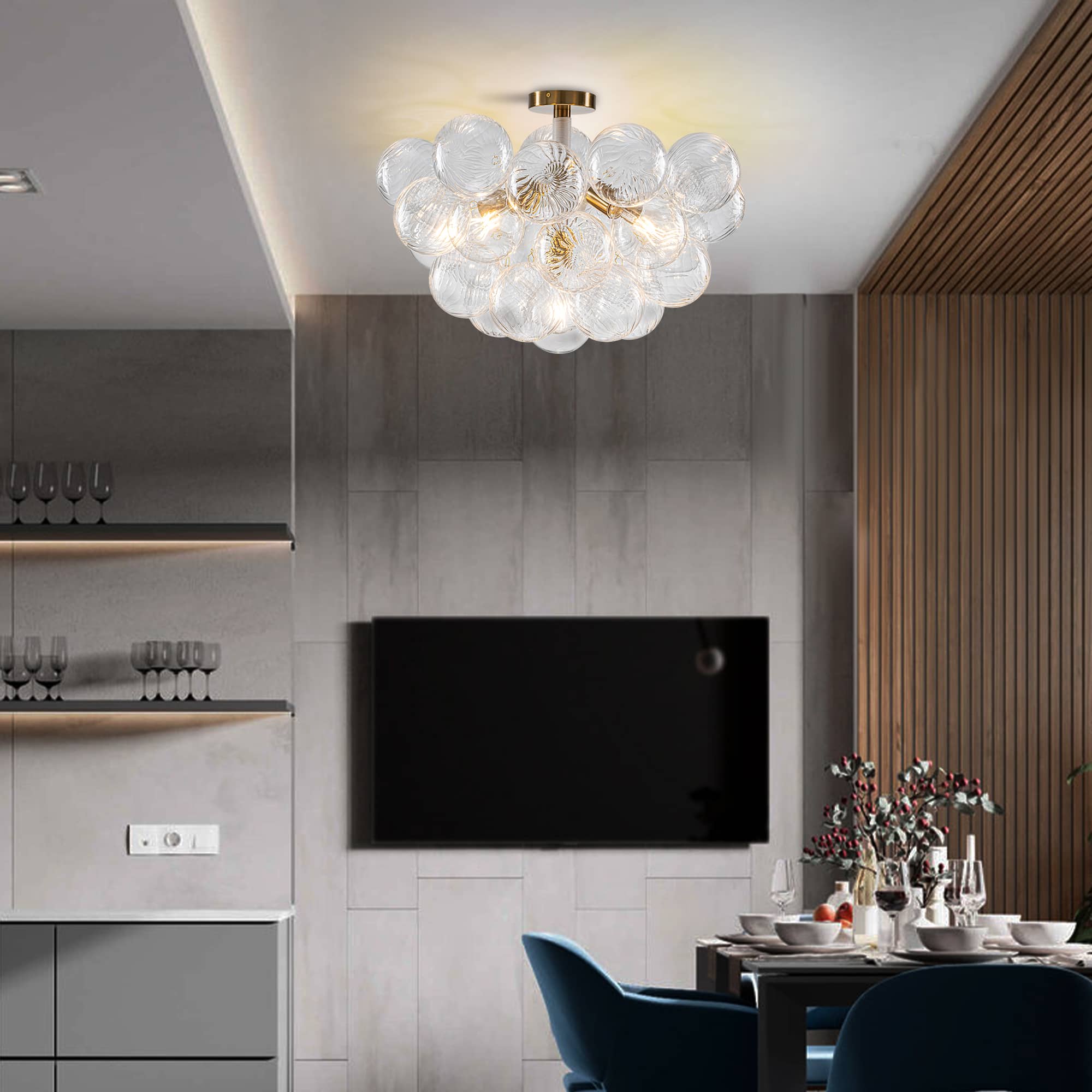 Semi-Flush Bubbles Chandelier Clear Ribbed Texture Glass Balls - BeyPan