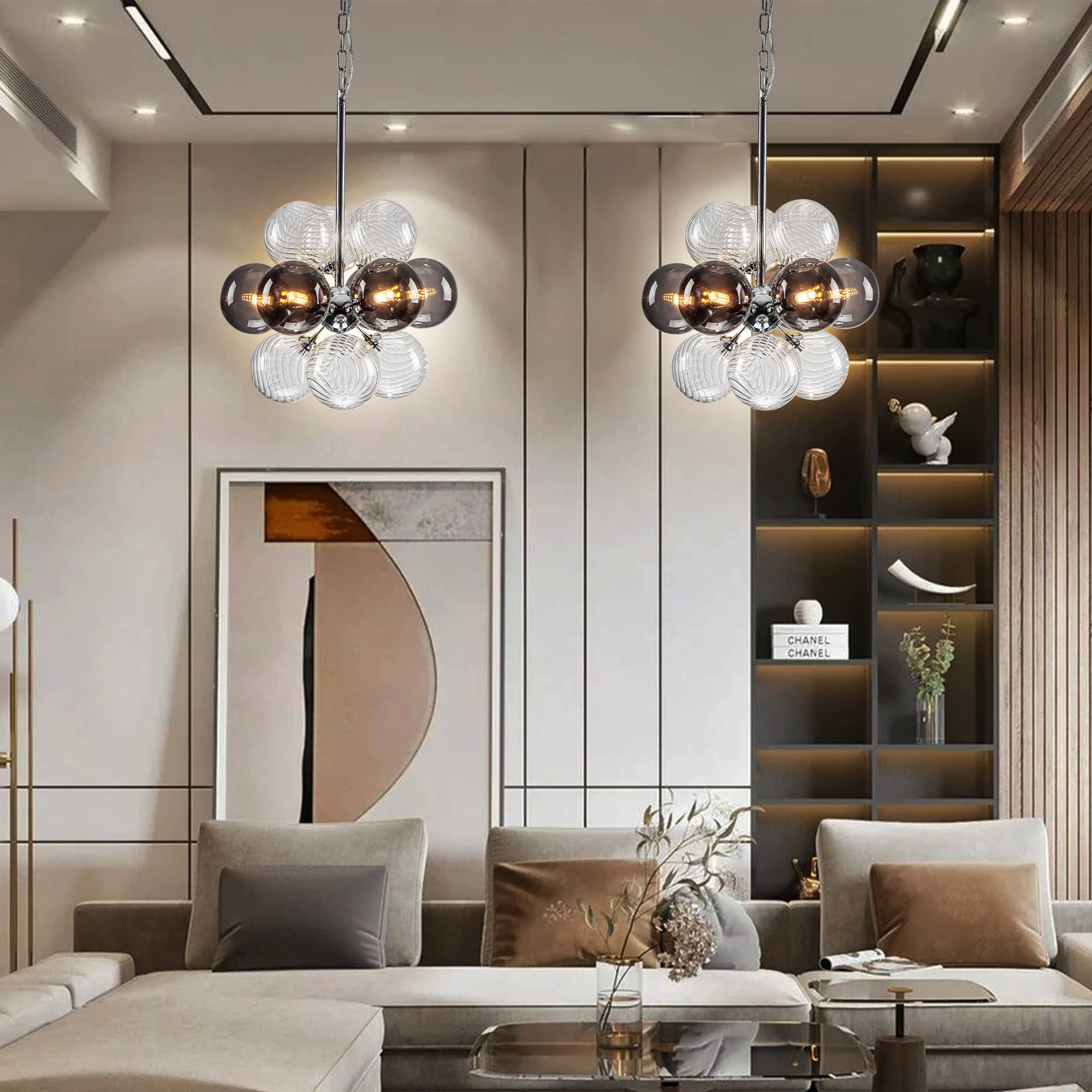 Sputnik Bubbles Chandelier Clear Ribbed Balls With Smoky Smooth Balls - BeyPan