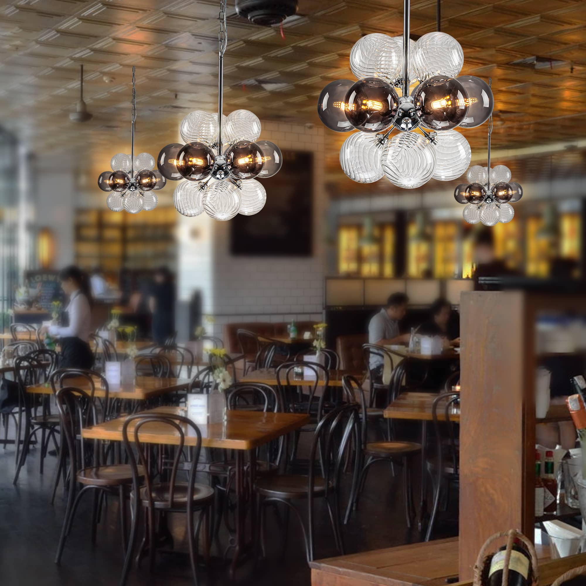Sputnik Bubbles Chandelier Clear Ribbed Balls With Smoky Smooth Balls - BeyPan