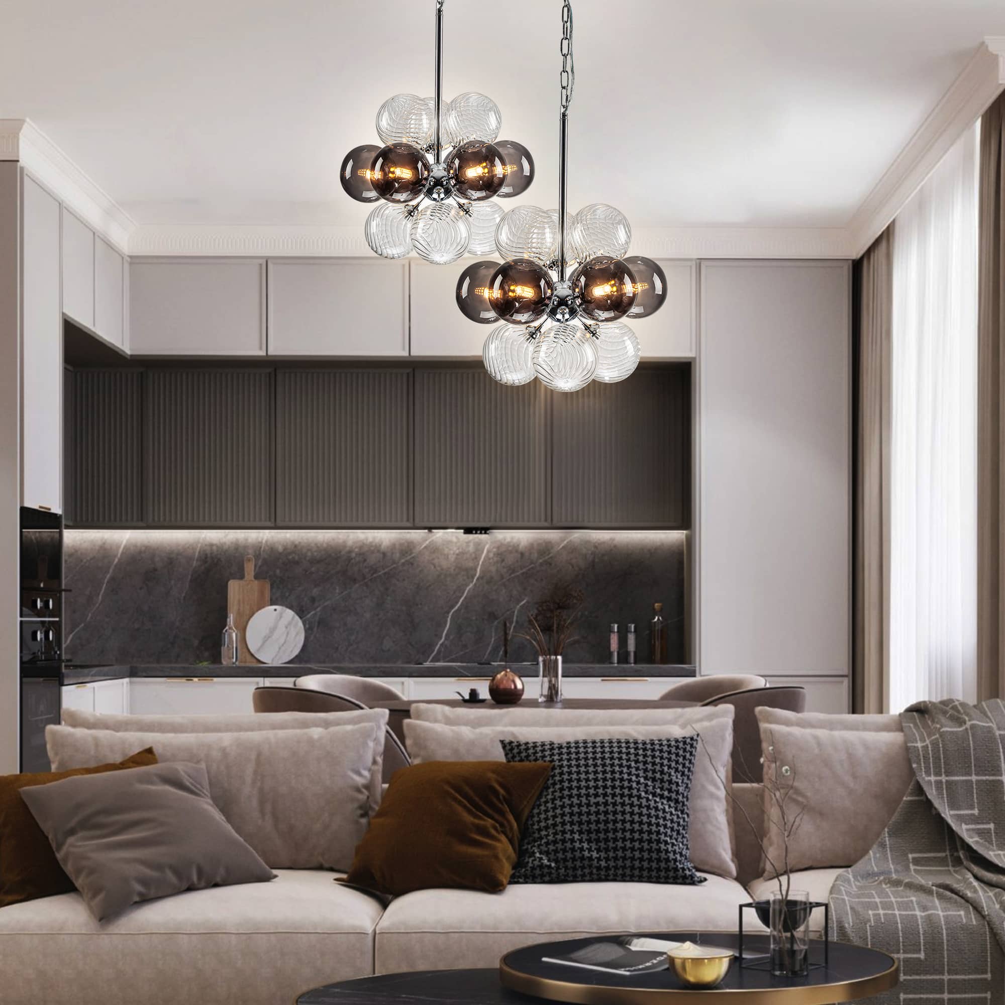 Sputnik Bubbles Chandelier Clear Ribbed Balls With Smoky Smooth Balls - BeyPan
