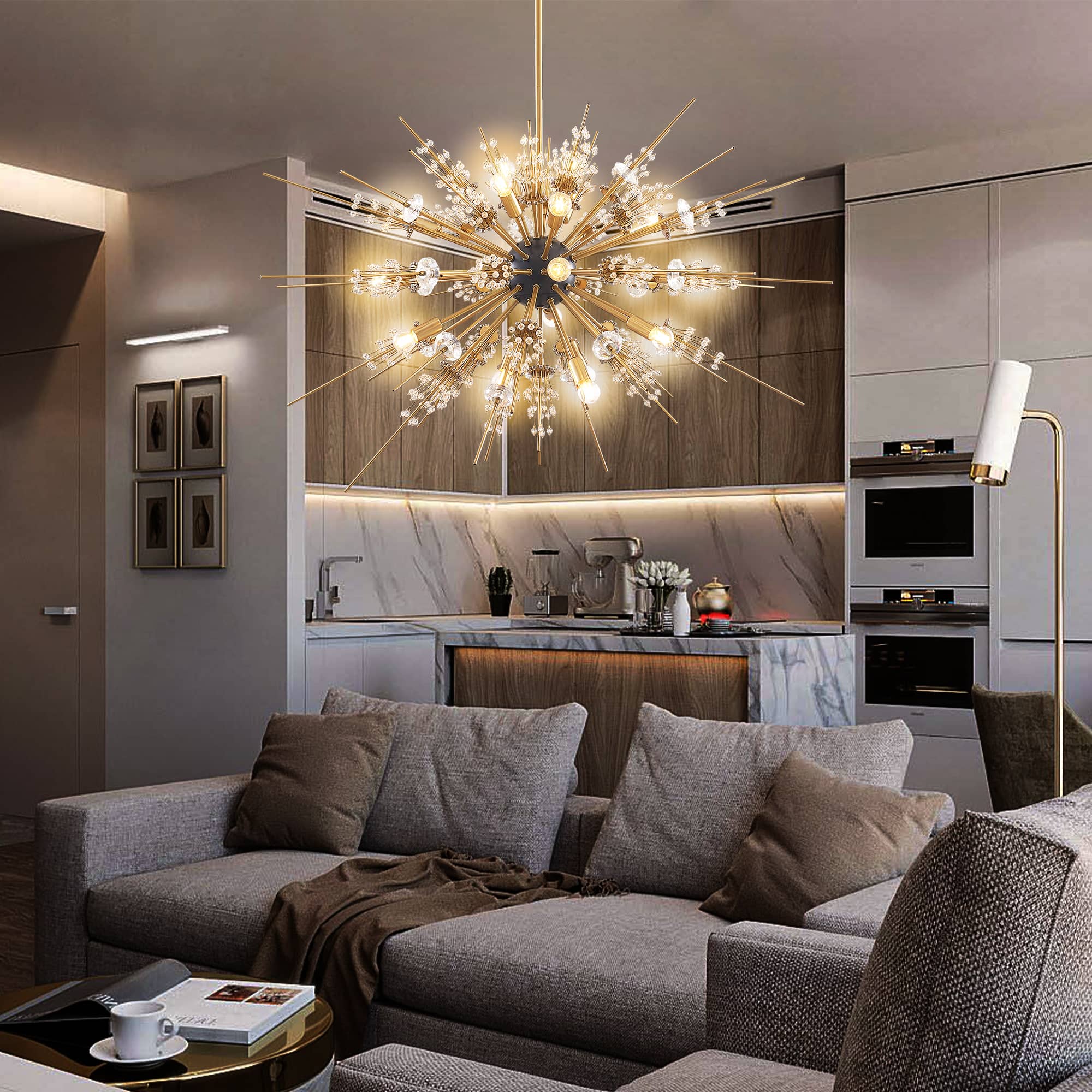 Sputnik Crystal Chandelier 17-Lights Gold Starburst Sphere - BeyPan