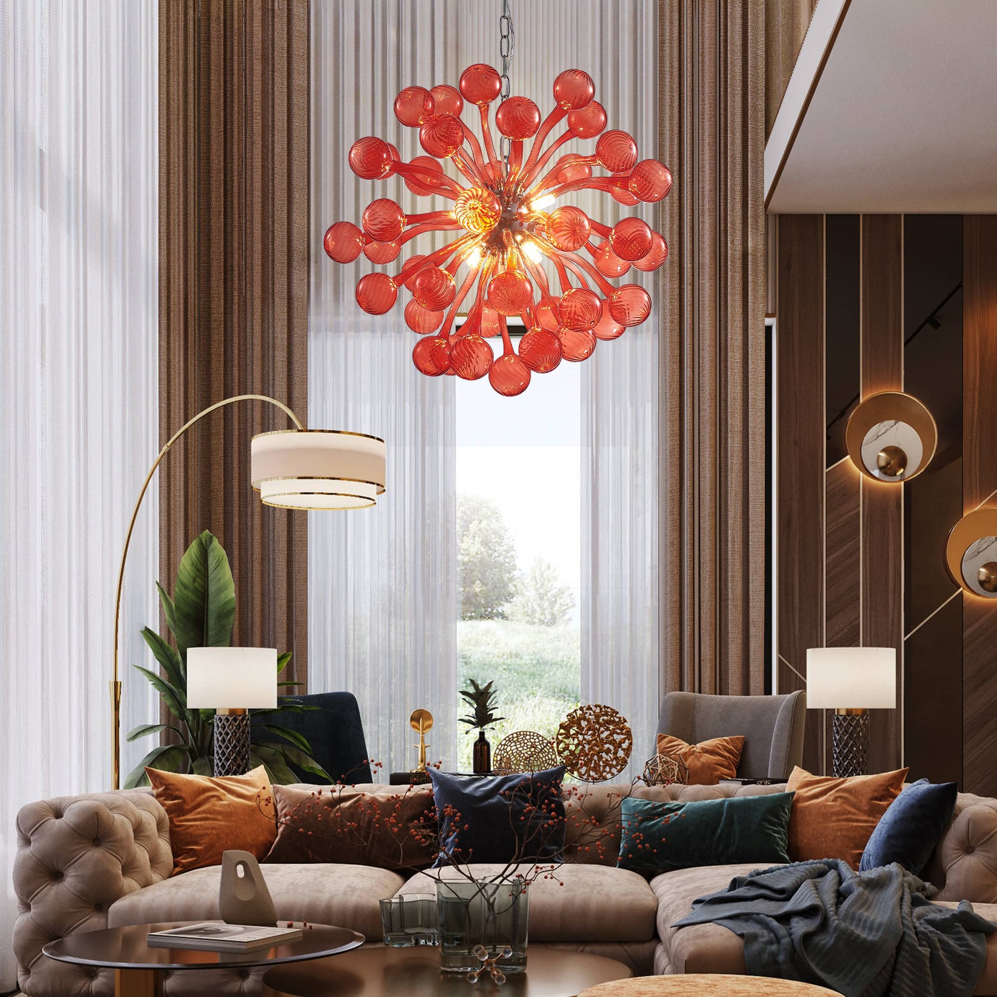 Sputnik Shape Blown Glass Chandelier Red Color Ball Knob End - BeyPan