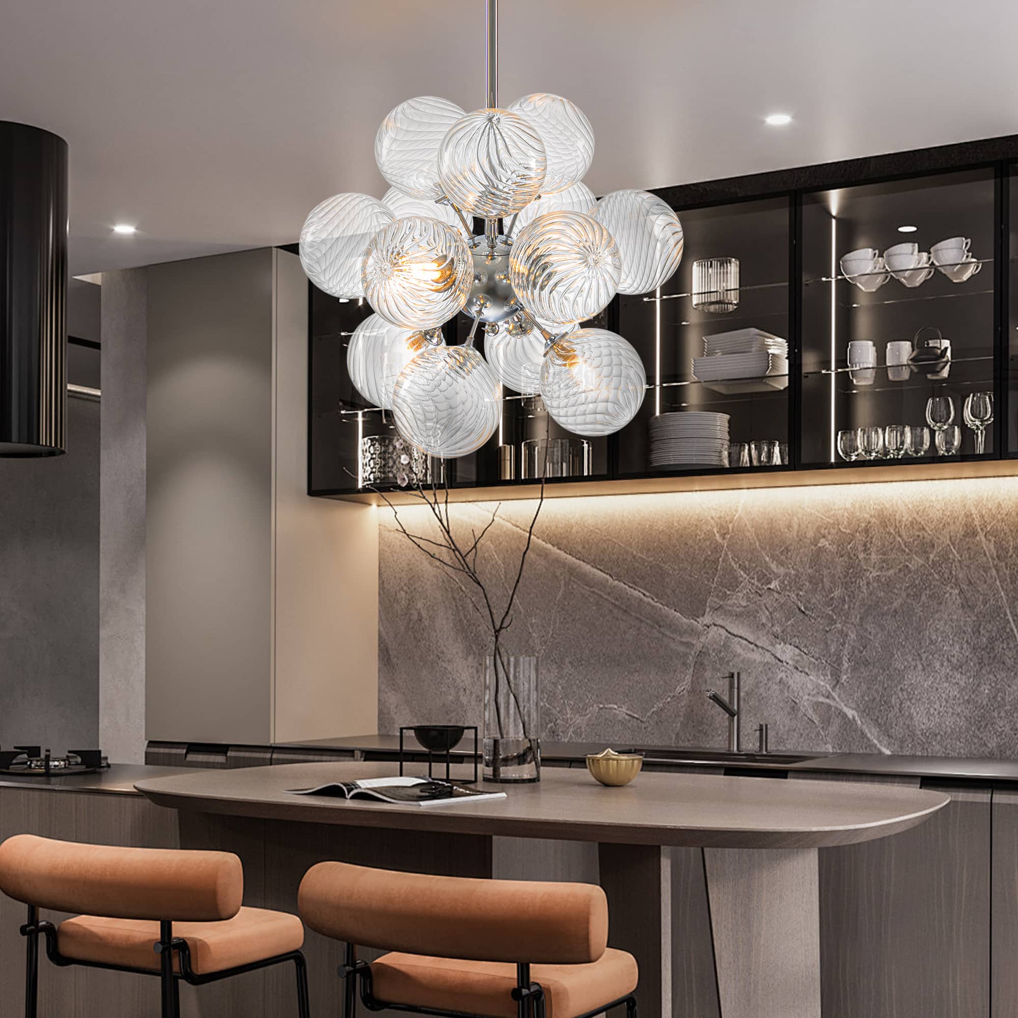 Sputnik Shape Bubbles Chandelier Clear Swirl Ribbed Texture - BeyPan
