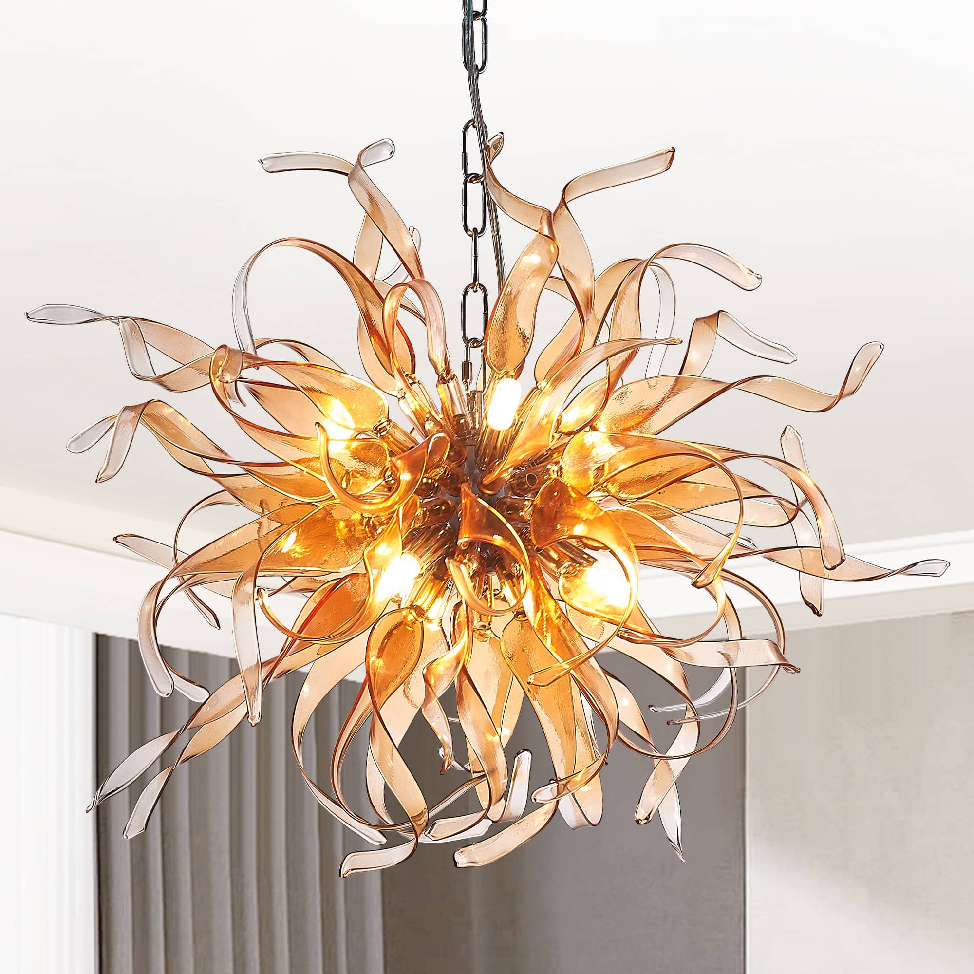 Sputnik Shape Chandelier Blown Murano Like Glass Strip Amber Ribbon - BeyPan Hauptbild