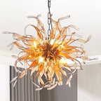 Sputnik Shape Chandelier Blown Murano Like Glass Strip Amber Ribbon - BeyPan