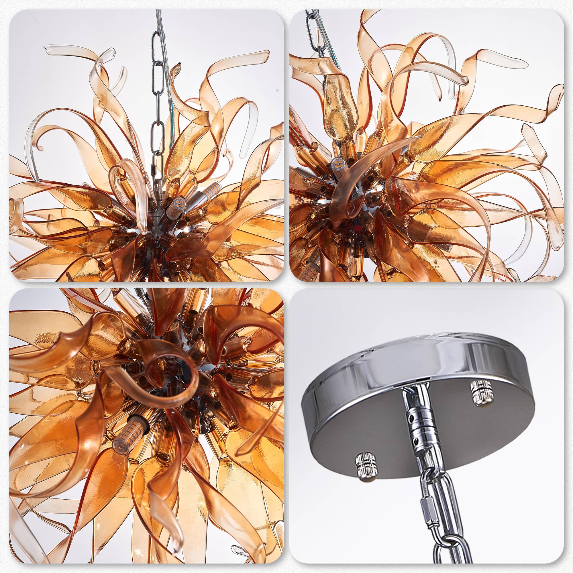 Sputnik Shape Chandelier Blown Murano Like Glass Strip Amber Ribbon - BeyPan