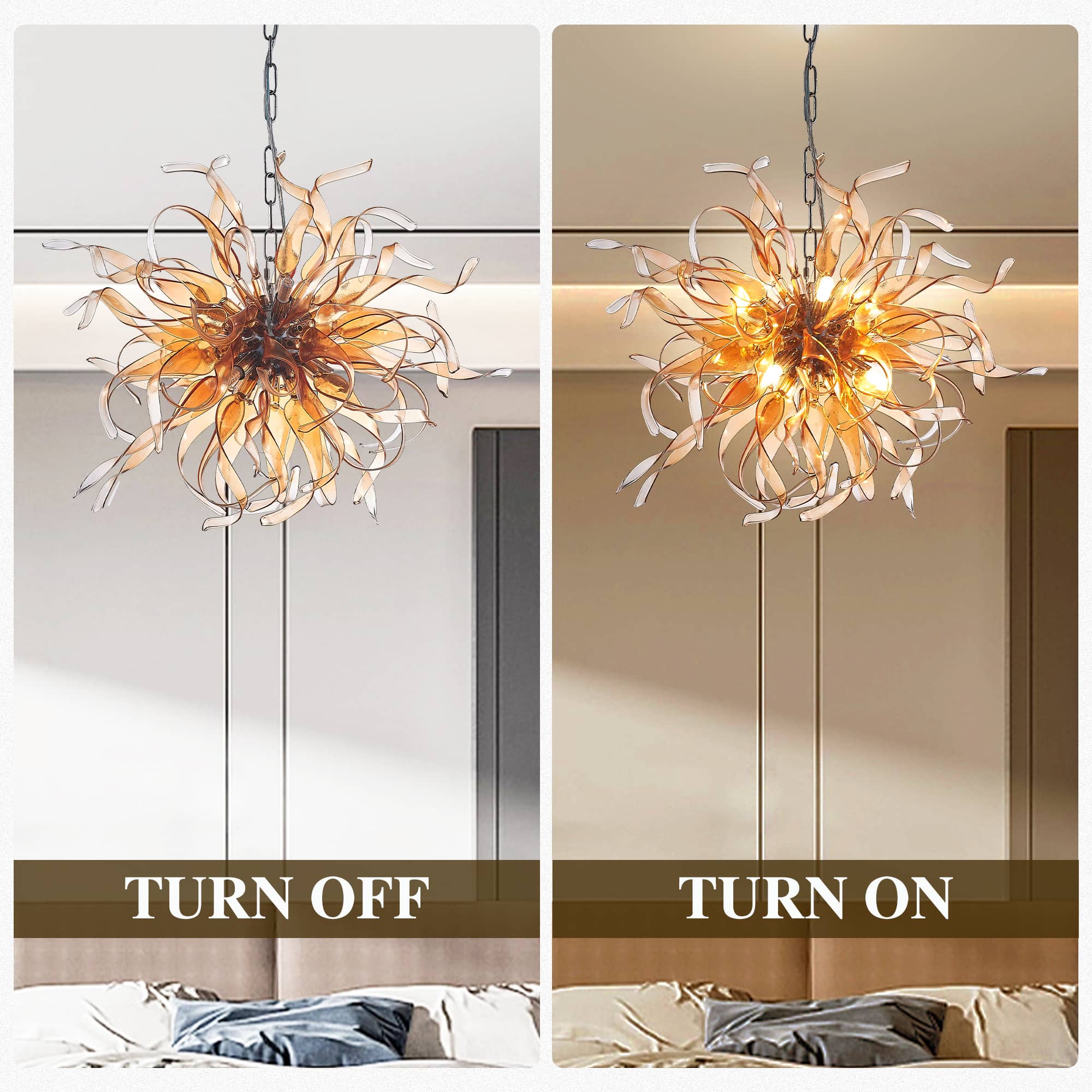 Sputnik Shape Chandelier Blown Murano Like Glass Strip Amber Ribbon - BeyPan