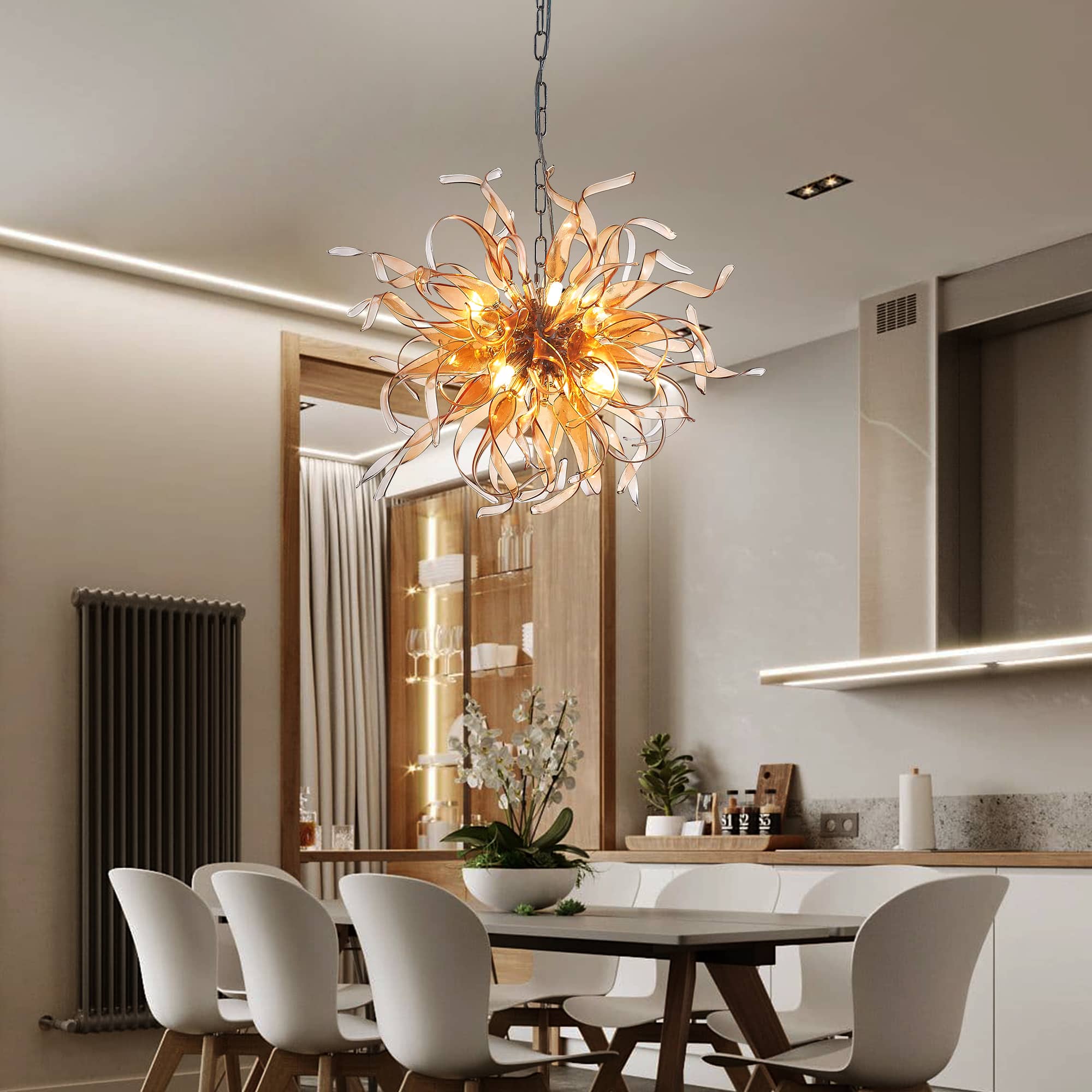Sputnik Shape Chandelier Blown Murano Like Glass Strip Amber Ribbon - BeyPan