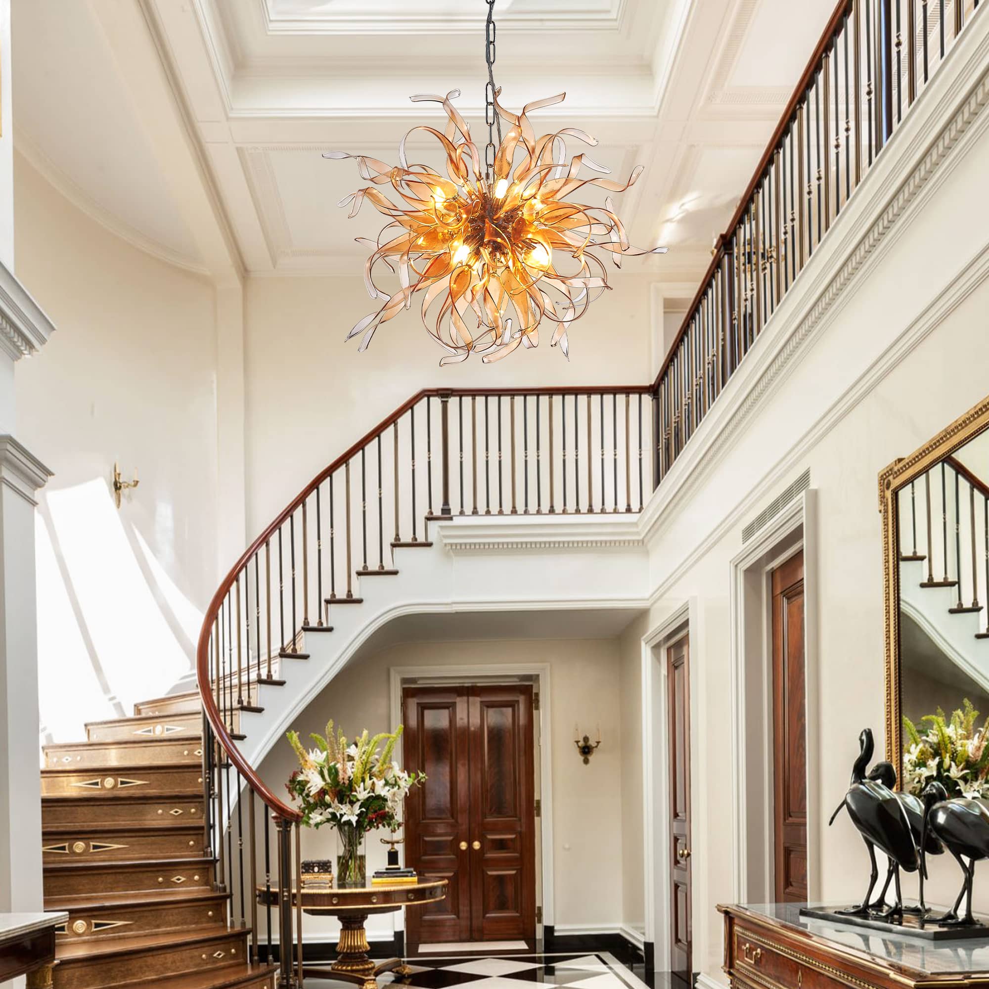 Sputnik Shape Chandelier Blown Murano Like Glass Strip Amber Ribbon Zweitbild