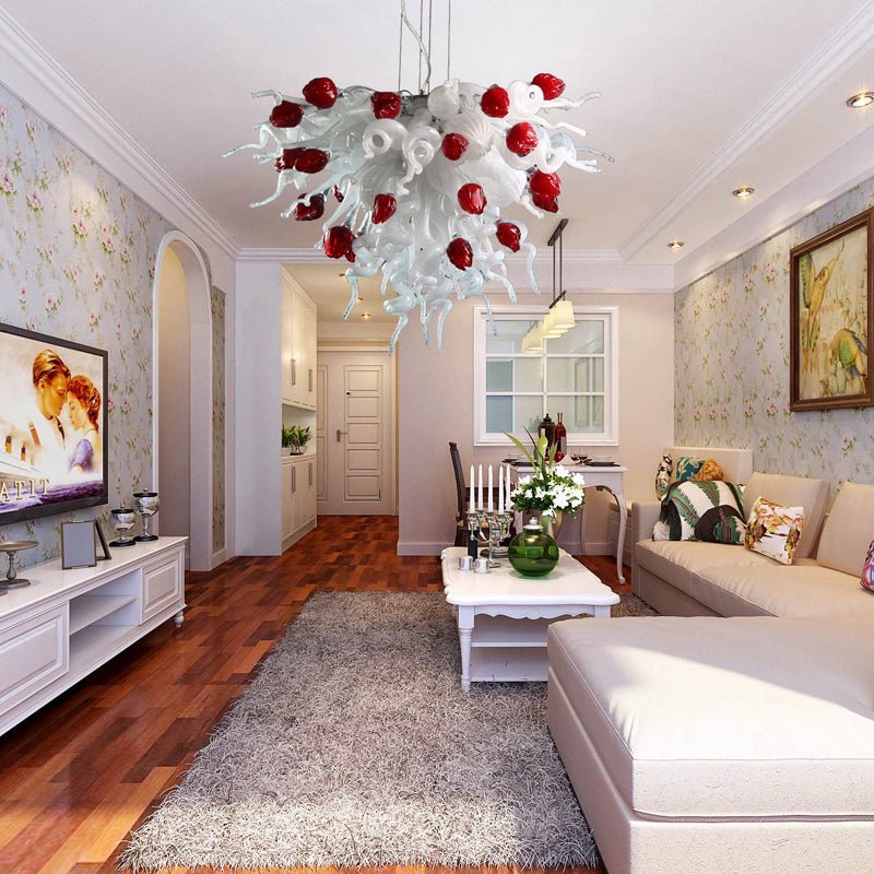 Strawberry Cake Murano Style Blown Glass Chandelier White N Red - BeyPan
