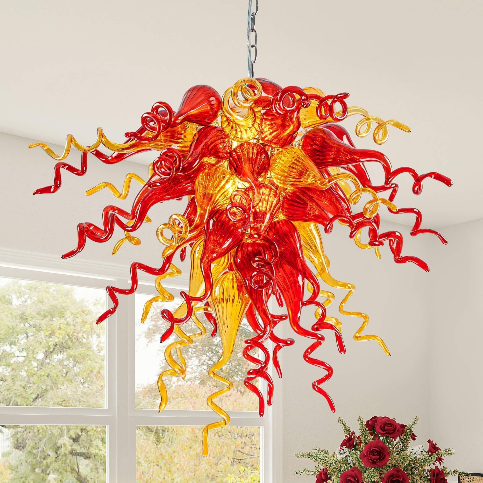 Sun Flare Blown Glass Chandelier Red With Amber - BeyPan Hauptbild