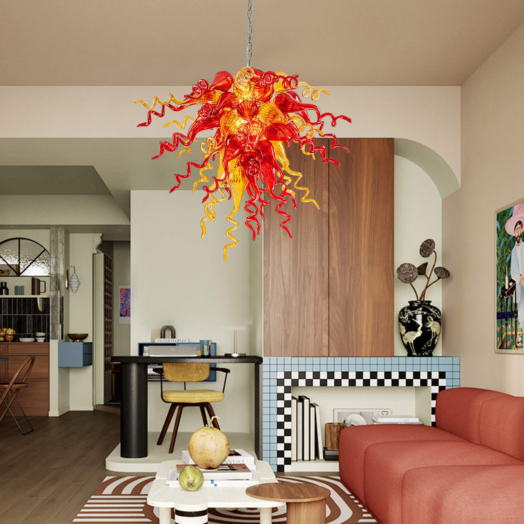 Sun Flare Blown Glass Chandelier Red With Amber - BeyPan