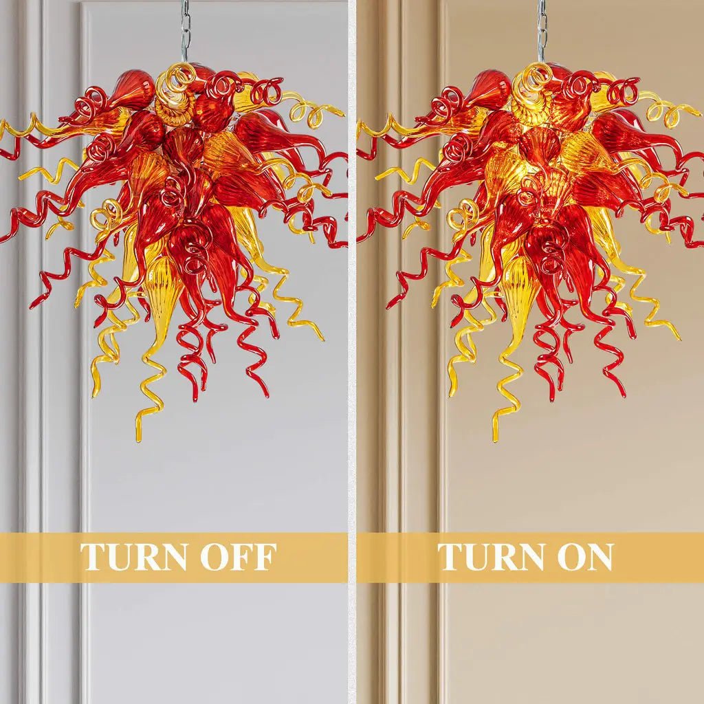 Sun Flare Hand Blown Glass Art Chihly Style Chandelier Red and Amber Artisan Coils Sculptural Pendant Light for Modern Interiors - BeyPan