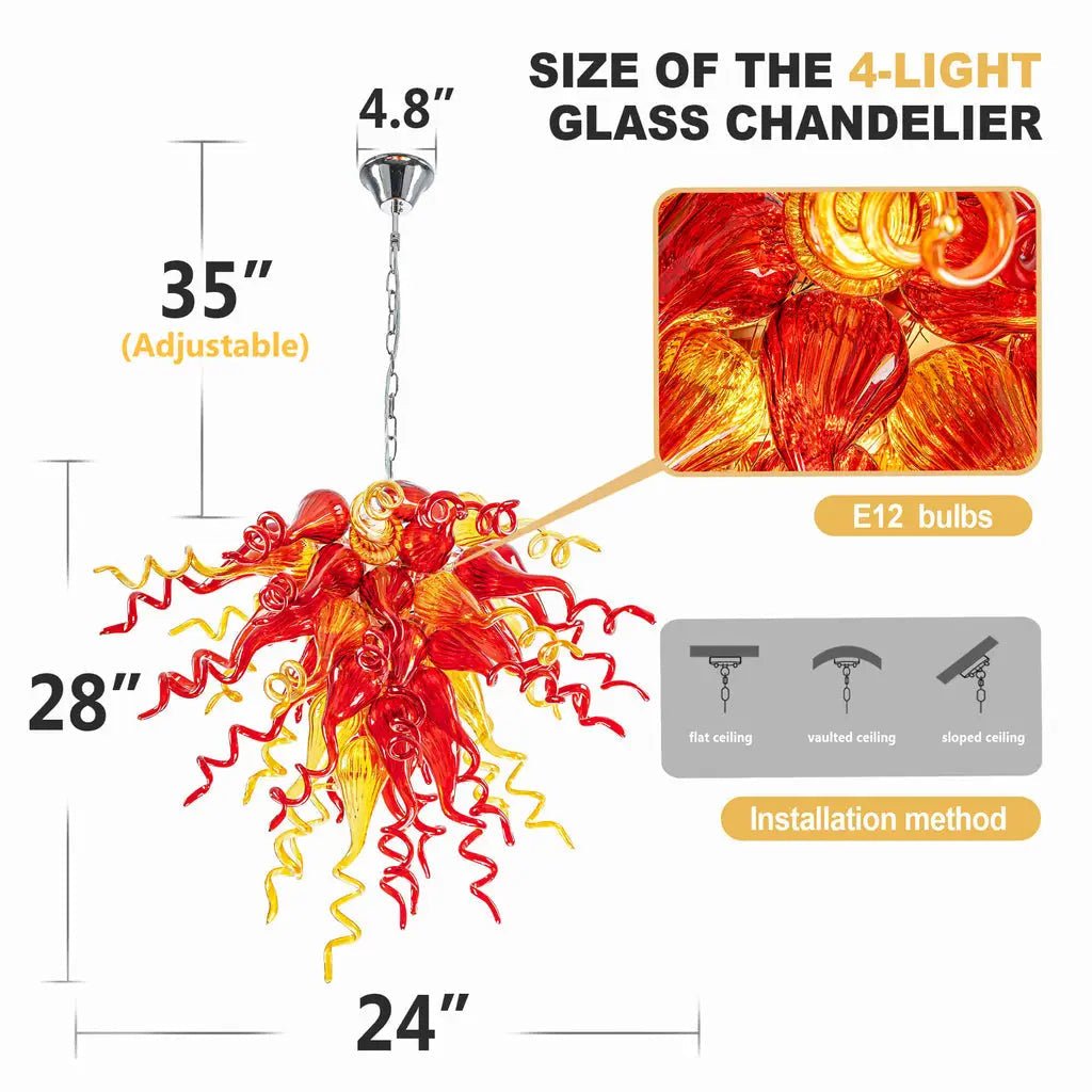 Sun Flare Hand Blown Glass Art Chihly Style Chandelier Red and Amber Artisan Coils Sculptural Pendant Light for Modern Interiors - BeyPan