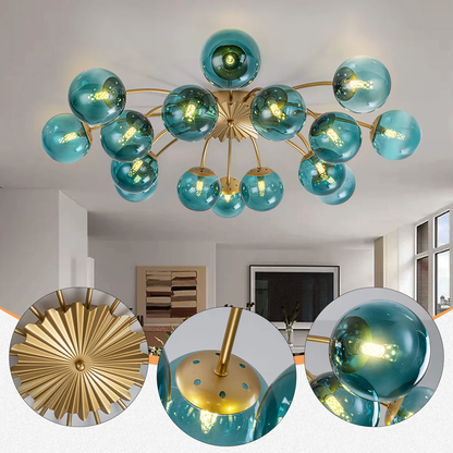 Close-Up of Teal Glass Globe and Brass Hardware